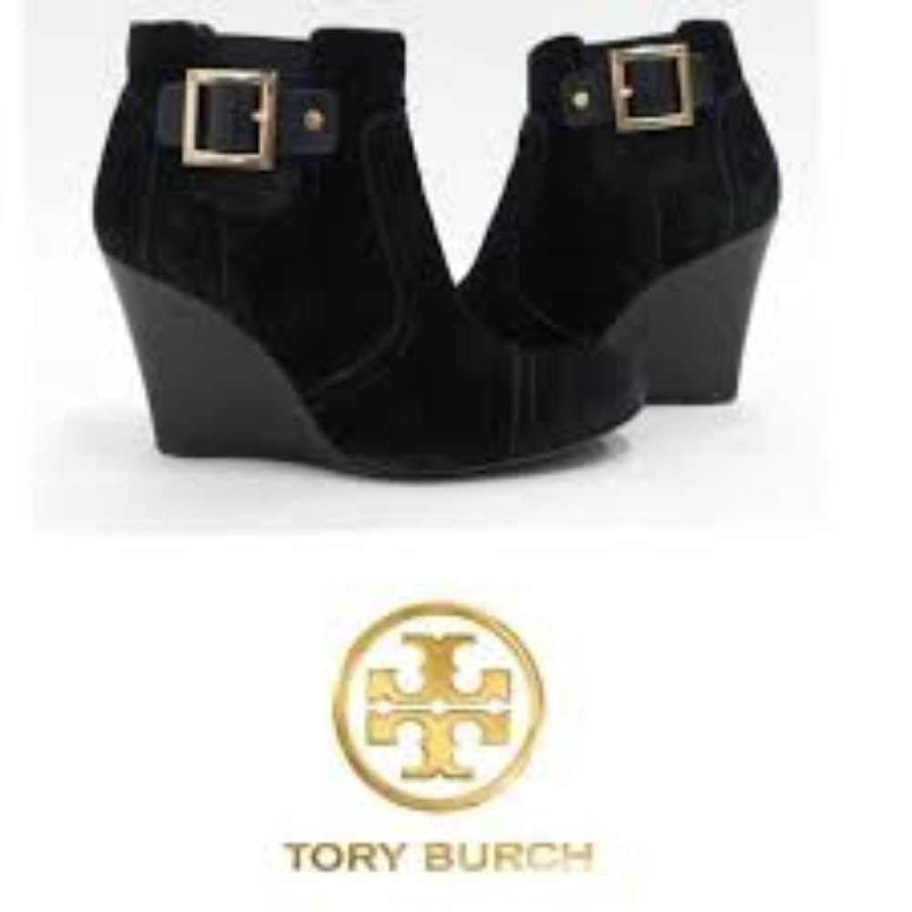 Tory Burch Adrienne Suede Wedge Booties w/ Buckle